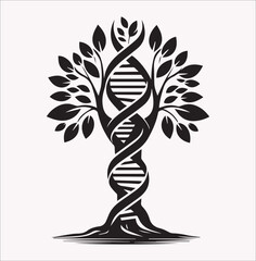 tree trunk with leaves on top in the shape of a DNA spiral, black silhouette vector illustration