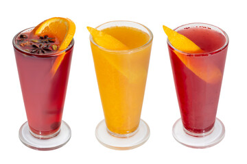 Tea from different fruits. Sea buckthorn and ginger, wild berries and orange with cinnamon, spices.
