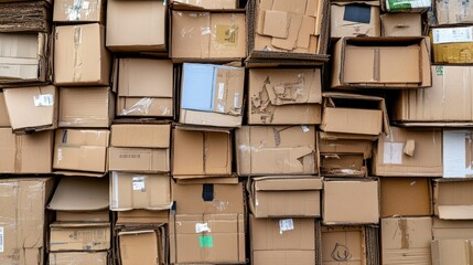 A structured stack of cardboard boxes in various sizes, prepared for recycling, with clear signs of heavy use