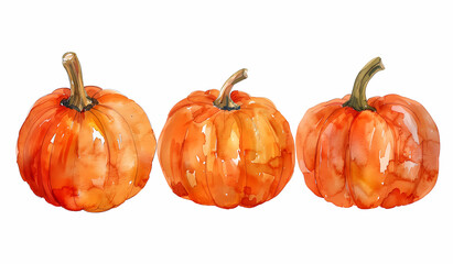 Fototapeta premium Watercolor illustrations of three ripe pumpkins on white background. Background for Thanksgiving Day or harvest festival. Set of three fall plants. 