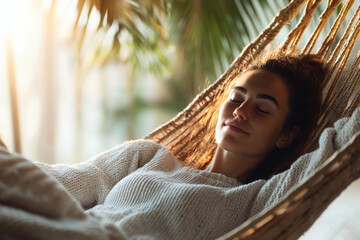 Blissful woman lying in a hammock, A serene moment of relaxation in a hammock, showcasing tranquility and comfort in a lush, sunlight-filled environment.