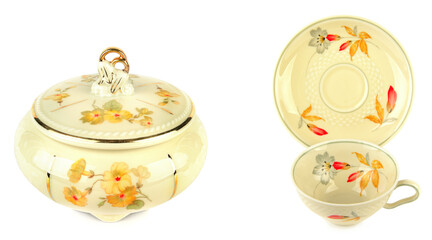 Vintage porcelain tableware: coffee cup with saucer and elegant candy bowl isolated on white background. Collage.