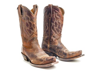 Worn Rustic Cowboy Boots with Intricate Stitching on White Background