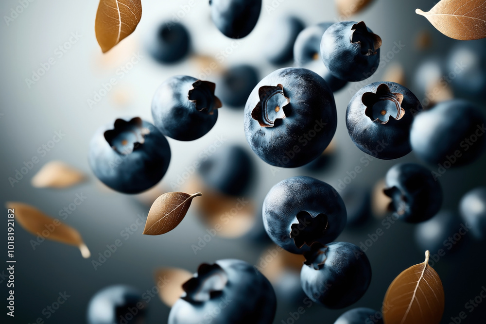 Poster Close-up of fresh blueberries and floating golden leaves in a soft focus background, creating a dynamic and visually engaging composition.