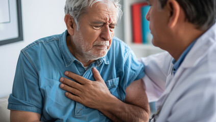 Obraz premium Doctor is examining an elderly man with shoulder pain in the medical room, holding his chest with pain in the medical room, holding his body. Portrait of senior man sharing health issues struggles