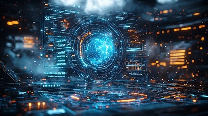 Fototapeta premium Futuristic Interface with Blue and Orange Glowing Lights Technology Abstract Background