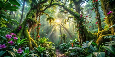 Sunlight Dappled Through Dense Foliage Illuminates a Pathway Leading Deeper Into a Lush Rainforest, Where Vibrant Blossoms Adorn Moss-Covered Trees