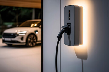 Close-up of an electric vehicle charging station with an electric car in the background. The charging cable is plugged into the station, indicating active charging.