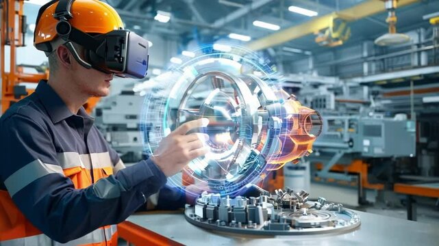 Industrial engineer wearing a vr headset is interacting with a 3d model of a turbine engine in a factory, visualizing data and schematics
