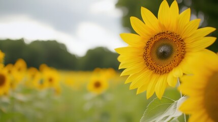 Fototapeta premium Sunlit Sunflower Field Under a Cloudy Sky, AI