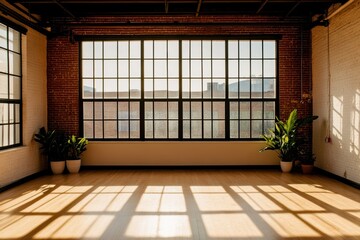 Fototapeta premium Spacious industrial room with large windows, sunlight filtering in, and potted plants enhancing the ambiance.
