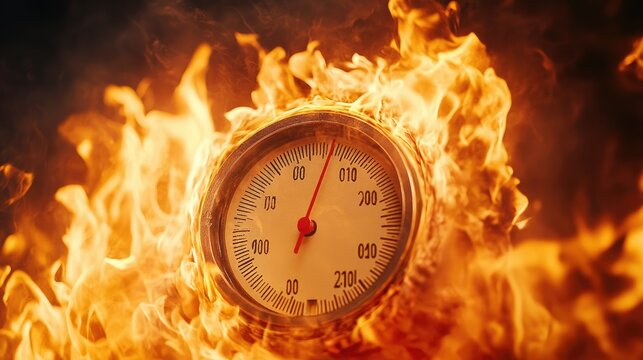 A temperature gauge on fire, with flames rising around it, representing overheating or danger.