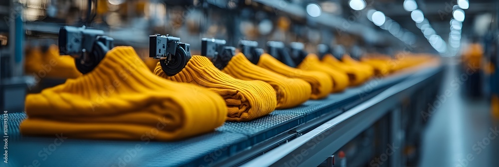 Poster vibrant yellow textile conveyor belt in a clothing factory production line,showcasing automated appa