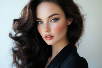 Fototapeta premium Woman with long brown hair and blue eyes admiring sunset on a sandy beach, waves gently lapping at her feet, seagulls soaring in the sky.