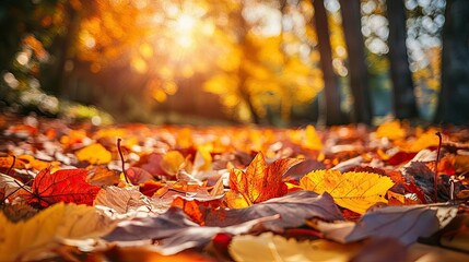 A thick pile of fallen autumn leaves in vibrant colors covering the forest ground, capturing the essence of fall