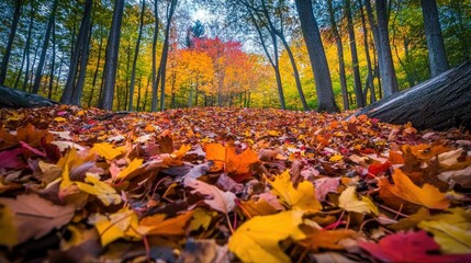 A thick pile of fallen autumn leaves in vibrant colors covering the forest ground, capturing the essence of fall
