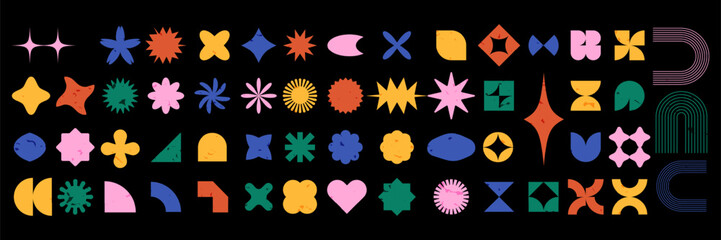 Big set of illustration brutalist geometric shape. Abstract colored element bauhaus style design. clip art y2k design.vintage label sticker collection set