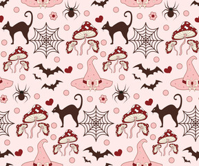 Coquette halloween seamless vector pattern, texture for wallpaper, wrapping paper, textile. Vector illustration

