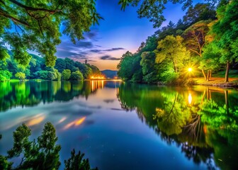 Fototapeta premium Serene Urban Lake Landscape with Green Trees and Calm Water Surface for Exploration Photography