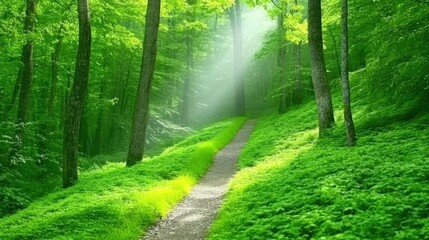 Obraz premium A sunlit path winds through a lush green forest, with trees and foliage surrounding it.