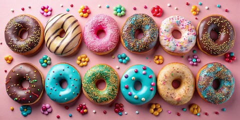 A symphony of sprinkles and sugary delights adorns a vibrant pink canvas, where a dozen donuts, each a testament to the artistry of confection, stand in a harmonious arrangement.