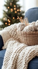 A warm and inviting setting showcases a basket filled with yarn yarn alongside knitting needles, complementing a sofa draped with a soft, white blanket for winter comfort