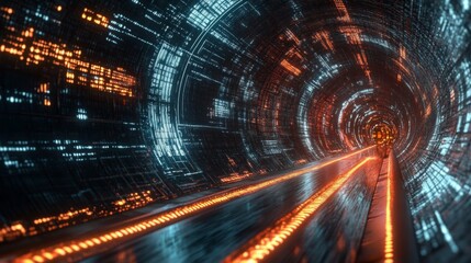 Obraz premium Futuristic Tunnel with Orange and Blue Neon Lights