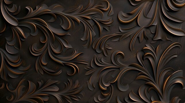 Elegant swirling floral pattern in dark brown and bronze tones, artistic background, copy space