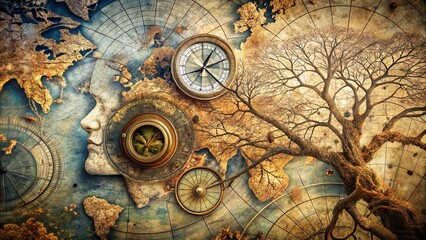Fototapeta premium A world map with intricate clockwork designs, a tree reaching towards the sky, and a human face emerging from the center, symbolizing the interconnectedness of time, nature, and humanity.