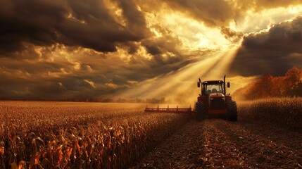 Fototapeta premium A tractor harvesting corn in a field under a cloudy sky, with golden light breaking through.