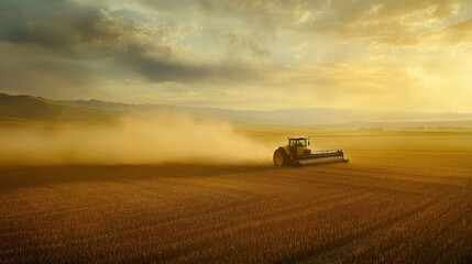 Fototapeta premium A tractor harvesting corn in a vast field, with dust rising in the golden afternoon light.