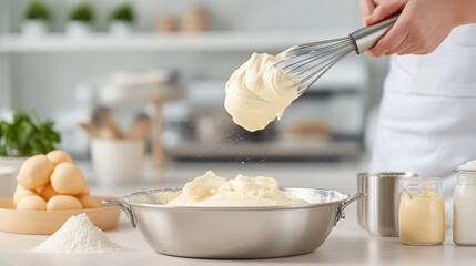 Fototapeta premium A whisk mixing together ingredients in a large metal bowl, the batter slowly thickening as air is incorporated, Picture taken by Nikon Z7 35mm+ lens
