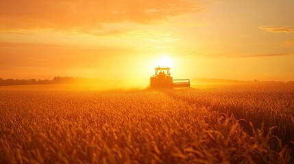 Fototapeta premium A tractor harvesting corn in the golden light of sunset, with dust rising in the warm air.