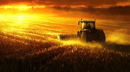 Fototapeta premium A tractor plowing through a cornfield at sunset, with golden light illuminating the rows of plants.