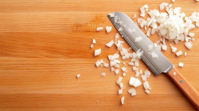 Finely diced onions on a wooden cutting board, a sharp knife midway through slicing, pieces scattering, Picture taken by Nikon Z7 35mm+ lens