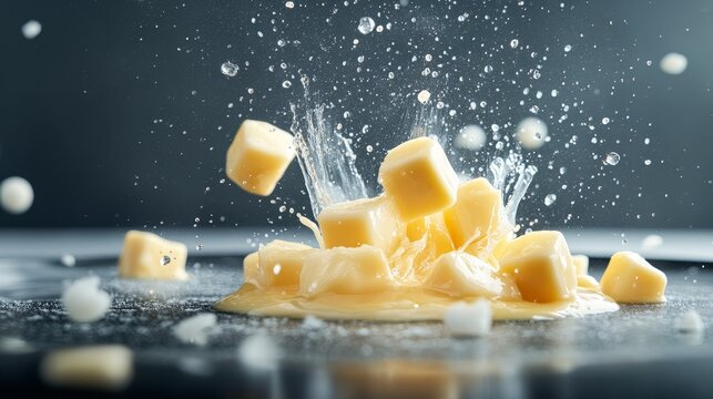 Butter sizzling in a hot pan, creating bubbles around the edges, the rich yellow contrasting against the dark surface, Picture taken by Nikon Z7 35mm+ lens