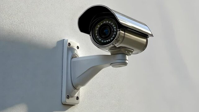A security camera mounted on a white wall is pointed directly at the viewer