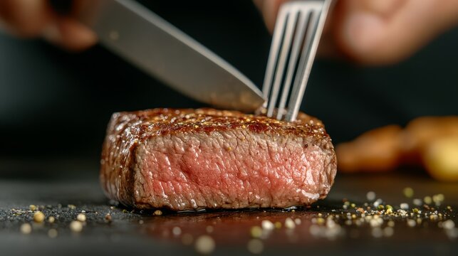 A chef&acirc;&euro;&trade;s knife slicing through a medium-rare steak, revealing the tender, juicy interior, Picture taken by Nikon Z7 35mm+ lens