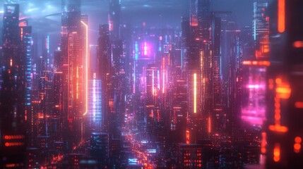 Futuristic cityscape with neon lights and glowing towers