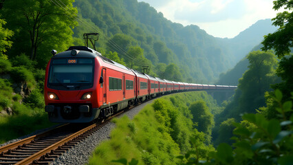 Fototapeta premium A Busy Commuter Train Traveling Through a Lush Green Hillside Landscape