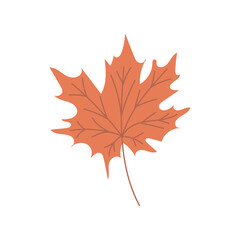 Beautiful orange falling maple leaf isolated on white background. Hand drawn vector flat doodle colored illustration. Autumn decoration, single icon, october vibes
