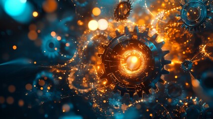 Obraz premium Glowing Cogs and Glittering Particles in a Dark Abstract Setting