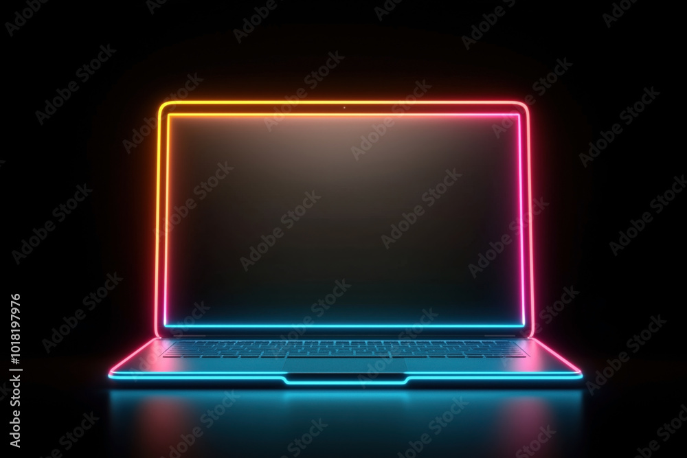 Sticker Neon outline of an open laptop on a dark background, featuring bright glowing lines in various colors, giving it a futuristic and modern appearance.