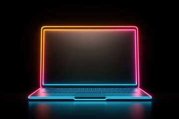 Neon outline of an open laptop on a dark background, featuring bright glowing lines in various colors, giving it a futuristic and modern appearance.