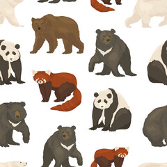 Seamless pattern with bears of different species. White polar bear. Grizzly from Siberian taiga. Chinese panda and red panda. Himalayan black bear. Vector illustration in flat style.