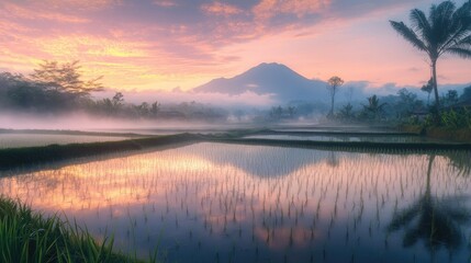 Fototapeta premium A tranquil rice field at dawn with mist rising from the water-filled paddies and mountain peaks in the distance.