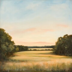 A tranquil rural landscape featuring a wide, open field bordered by dense forest under a soft, pastel-colored sky