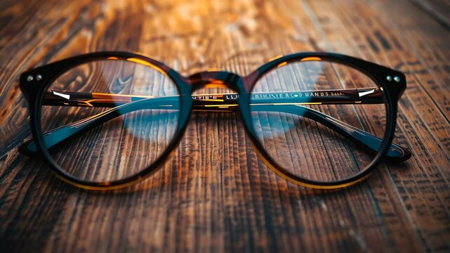 Round tortoiseshell glasses rest on a wooden surface