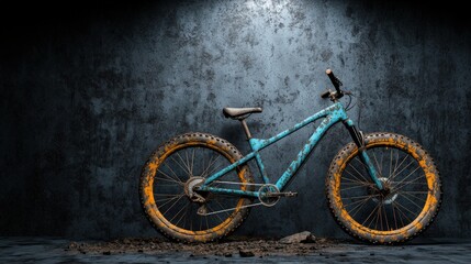 Obraz premium A blue mountain bike with orange tires, positioned against a textured wall.