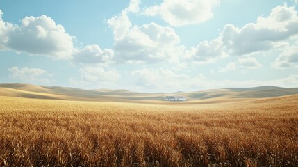 Fototapeta premium A vast cornfield under a partly cloudy sky, with rolling hills and a distant farmhouse in view.